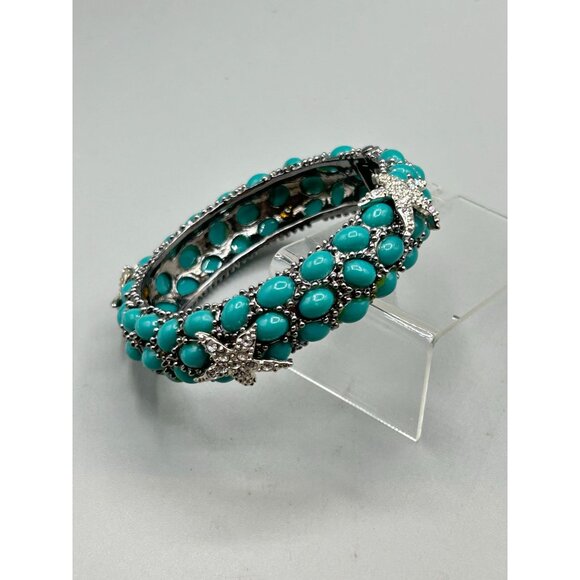 Sea Life Hinged Clamper Bangle Turquoise Cabochon Rhinestones Star Fish Unsigned - Picture 2 of 11
